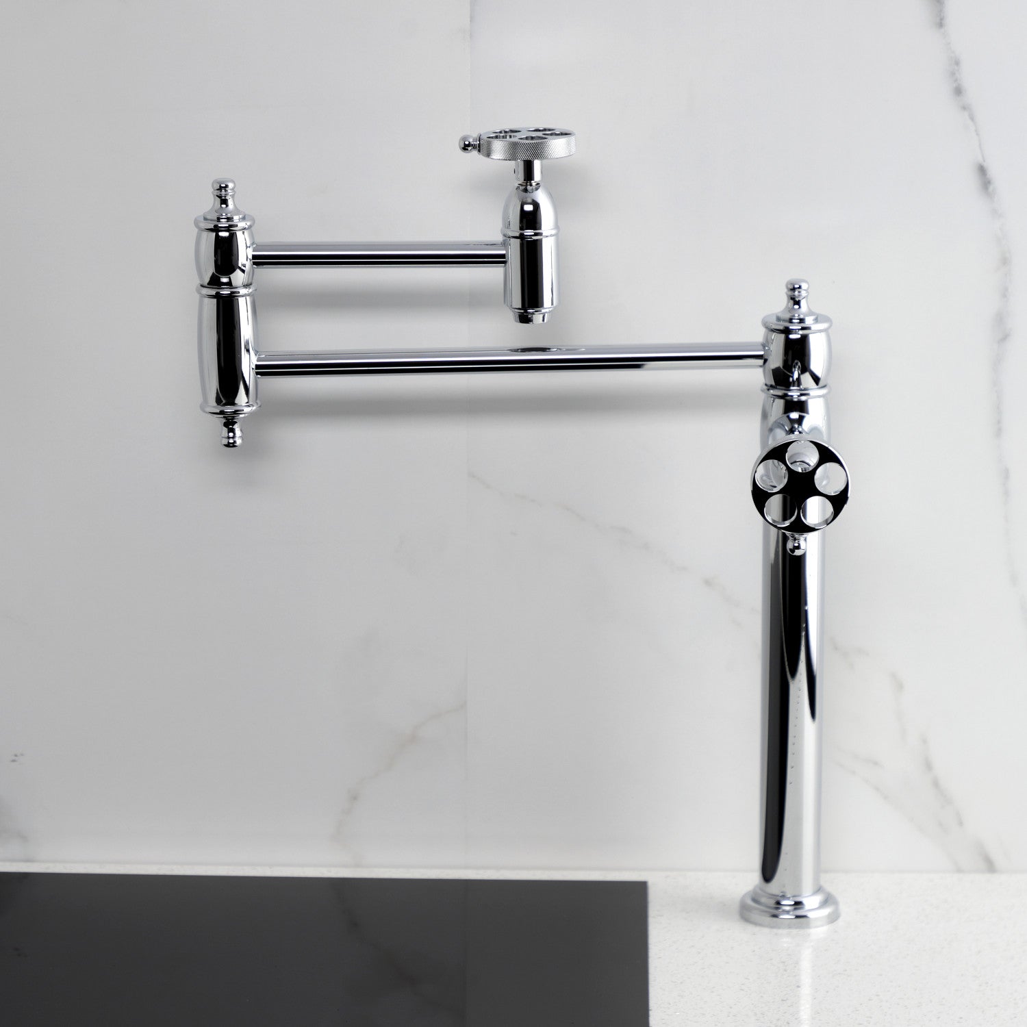 Kingston Tulare KS3701RKZ - Wendell Two-Handle 1-Hole Deck Mount Pot Filler Faucet with Knurled Handle, Polished Chrome — thumbnail 3